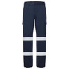 Navy work pants featuring reflective stripes and multiple pockets. Includes a logo on the garment.