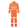 An orange coverall featuring reflective strips, suitable for workwear. It has a logo on the front.