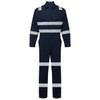 A navy blue coverall featuring reflective stripes, designed for safety wear. Includes a logo on the front chest.