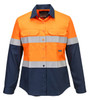 A women's long-sleeved shirt in high-visibility orange and navy, featuring reflective stripes and two front pockets.