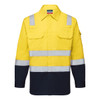 A two-tone work shirt featuring a bright yellow upper half and navy blue sleeves, adorned with reflective strips and a logo.