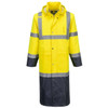 A yellow and navy raincoat with reflective stripes and a hood, featuring a logo on the front.