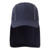 A navy sun cap featuring a wide brim and a neck flap. The cap has reflective detailing and a logo.