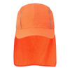 An orange sun cap with a wide brim and a neck flap, featuring stitching details and a logo.