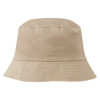 A reversible bucket hat in a neutral beige colour with a subtle textured finish and a branding logo.