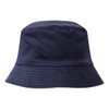 A reversible bucket hat in navy blue, featuring a branding logo. The hat has a wide brim and a soft fabric texture.