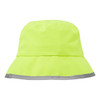A bright yellow waterproof bucket hat with a grey reflective strip around the brim and a logo on the front.