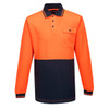 A long sleeve polo shirt in high-visibility orange with a navy blue bottom section and a chest pocket.