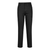 A pair of black women’s flexi work pants with a straight-leg design and a pocket detail. The pants feature a logo.