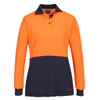 A long-sleeved women's polo shirt in hi-vis orange with a navy contrast at the bottom and collar. Features a logo.