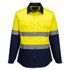 A lightweight long-sleeve shirt in high-visibility yellow and navy, featuring reflective stripes and front pockets.