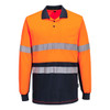 A Hi-Vis long sleeve polo shirt featuring orange and navy colours with reflective stripes and a pocket.