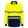 A long-sleeve polo shirt in high-visibility yellow with navy contrast and reflective stripes, featuring a logo.
