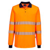 Hi-Vis long-sleeve cotton polo shirt in orange with reflective stripes and a dark blue collar. Includes a chest pocket.