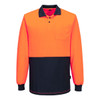 A long-sleeved polo shirt featuring high-visibility orange and navy colours, with a pocket on the front and a logo.