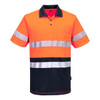 A Hi-Vis orange and navy polo shirt with reflective stripes and a pocket. The shirt features a logo on the chest.