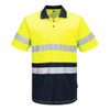 A Hi-Vis contrast polo shirt featuring bright yellow and navy colours with reflective stripes and a logo.