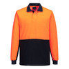 A long-sleeve polo shirt in fluorescent orange and navy, featuring a collar and a branding logo.