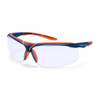 Safety glasses with a clear lens, featuring navy blue and orange frames. The design includes a logo on the side.