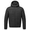 A black square baffle jacket featuring a hood and zip closure, with a quilted design and multiple pockets.