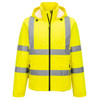 A lightweight packable jacket in vibrant yellow with reflective grey stripes and a hood. It features a zipper closure.