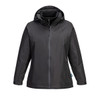 A women's black 3-in-1 jacket featuring a hood and zip front, with an inner lining and branding.