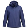 A navy blue women's 3-in-1 jacket featuring a hood and zip closure. It has a logo on the exterior.