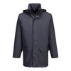 A dark navy waterproof jacket with a hood, featuring front pockets and a concealed zipper, including a logo.