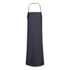 A black Chem Apron with a halter neck design, featuring a smooth, glossy finish and a logo at the top.