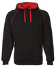 A black hoodie with contrasting red detailing on the hood and drawstrings, featuring a front pocket and a logo.