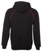 A black hoodie featuring contrasting red stitching and a hood. It has a logo on the back.