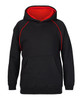 A black hoodie with a red interior and contrasting red stitching, featuring a front pocket and a hood.