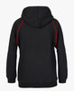 A black hoodie featuring red contrast stitching and a hood, with a logo on the back.