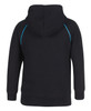 A black hoodie featuring a contrasting blue seam detail and a spacious hood at the back.