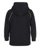 A black hoodie featuring contrast green stitching, with a spacious hood and a relaxed fit. It has a logo on the back.