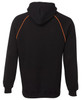 A black hoodie featuring orange contrast stitching along the seams and a hood. It has a branding logo.
