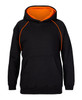 A black hoodie featuring an orange interior and contrasting stitching, complete with a kangaroo pocket and a logo.