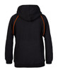 A black hoodie with orange contrast stitching, featuring a hood and long sleeves. It has a logo on the garment.