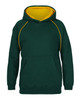 A green hoodie with a yellow interior and contrasting stitching, featuring a large front pocket and a hood.