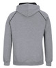 A grey hoodie with a black hood and contrasting details, featuring a logo on the back.