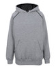 A grey hoodie with a black inner lining and contrasting details, featuring a kangaroo pocket and a hood.
