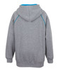 A grey hoodie featuring a blue contrast trim, with a hood and kangaroo pocket, showing the back view.
