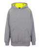A grey hoodie featuring a bright yellow interior and contrast stitching, with a front pocket and a hood.