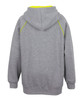 A grey hoodie featuring a contrast yellow lining and a hood, showcasing a relaxed fit and a simple design.