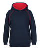 A navy blue hoodie with a red interior and contrasting red stitching, featuring a front pocket and a logo.