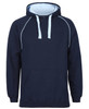 A navy hoodie with light blue accents and a front pocket, featuring a hood and a logo.