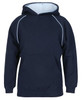A navy hoodie with a light blue lining, featuring a kangaroo pocket and a hood. It has contrast stitching and a logo.
