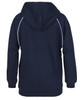 A navy hoodie with contrasting light blue detailing and a hood, featuring a logo on the back.