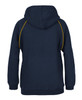 A navy hoodie featuring contrast yellow stitching and a hood. Includes a logo on the front.