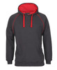A grey hoodie with a red hood and accents, featuring a front pocket and adjustable drawstrings.